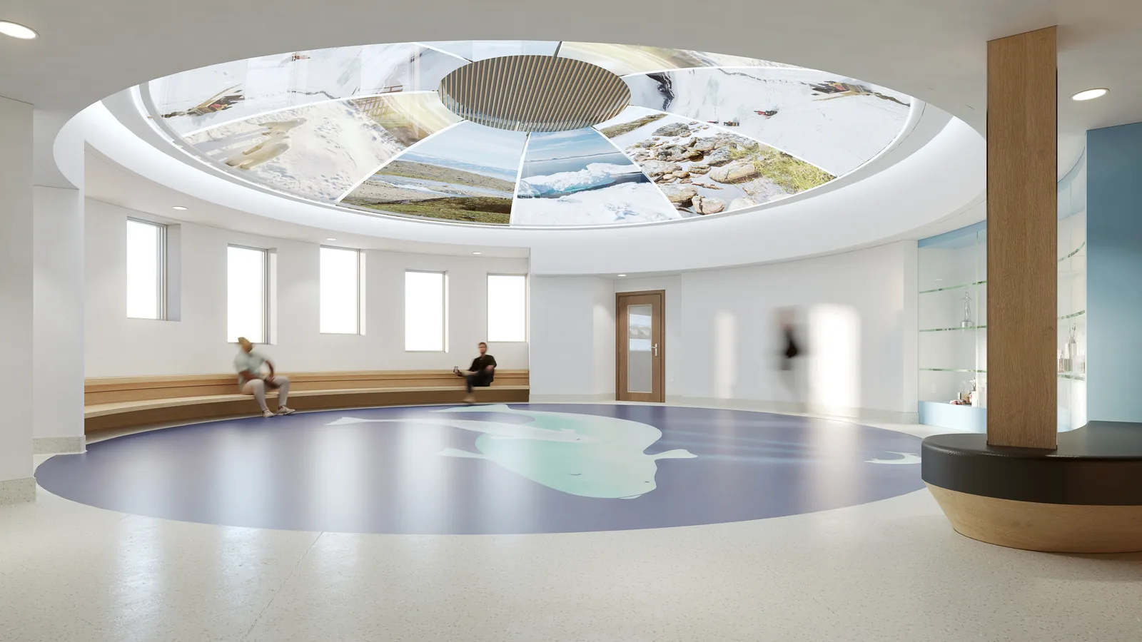Rendering of the circular central gathering space at the Aqqusariaq Nunavut Recovery Centre, lit by a domed skylight.