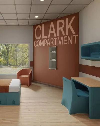 Rendering of a patient bedroom with the Clark Compartment recessed open storage unit set into the wall.