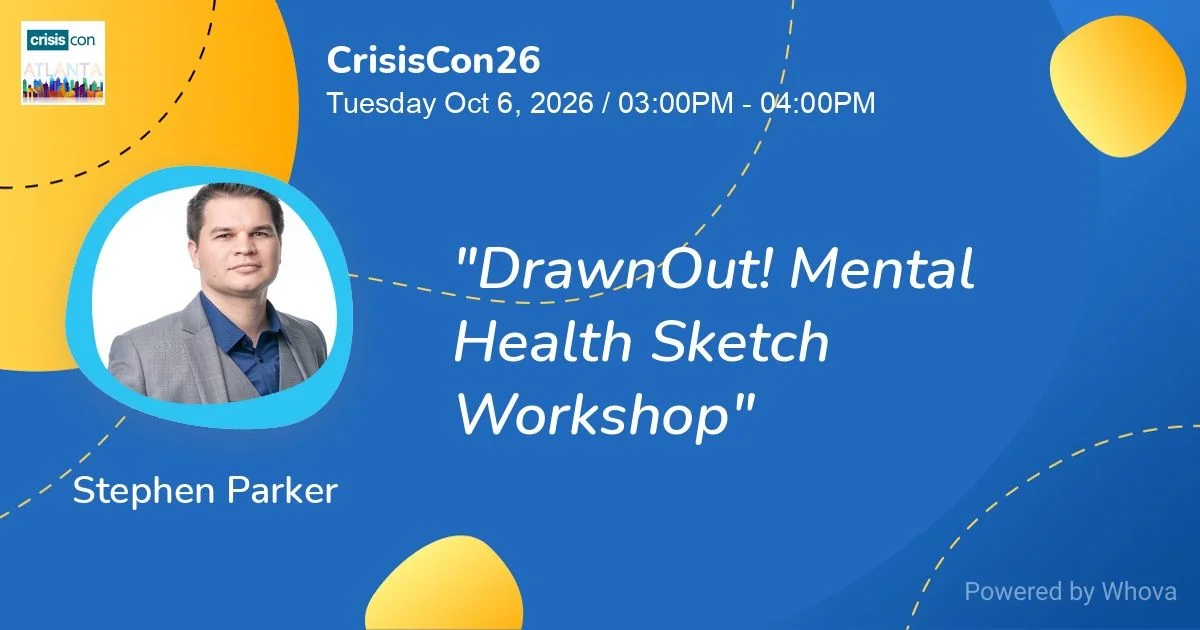 Event card for Stephen Parker's DrawnOut! Mental Health Sketch Workshop session at CrisisCon26.