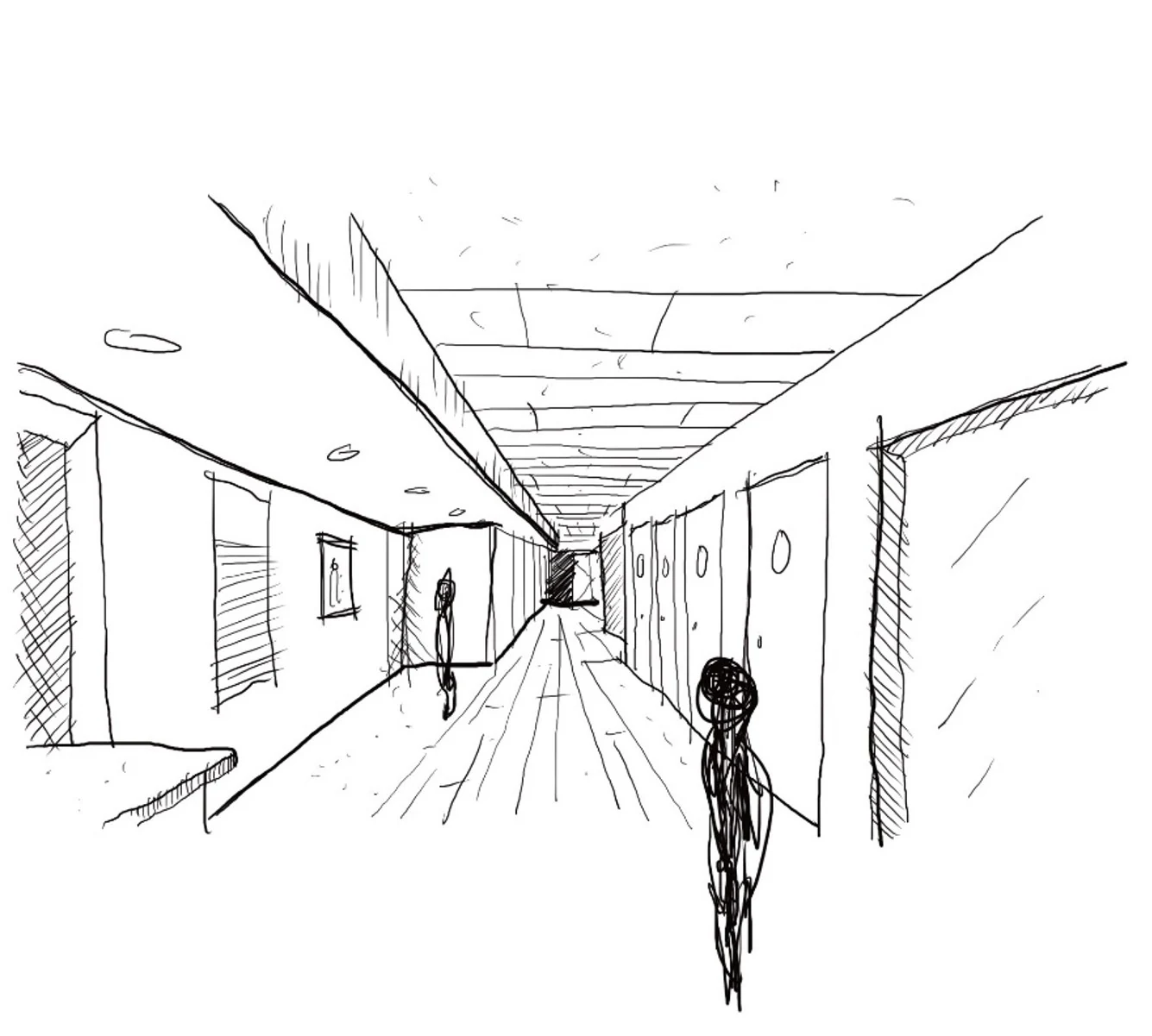 Pen sketch of a long, narrow hospital corridor lined with doors, with two figures at the far end.