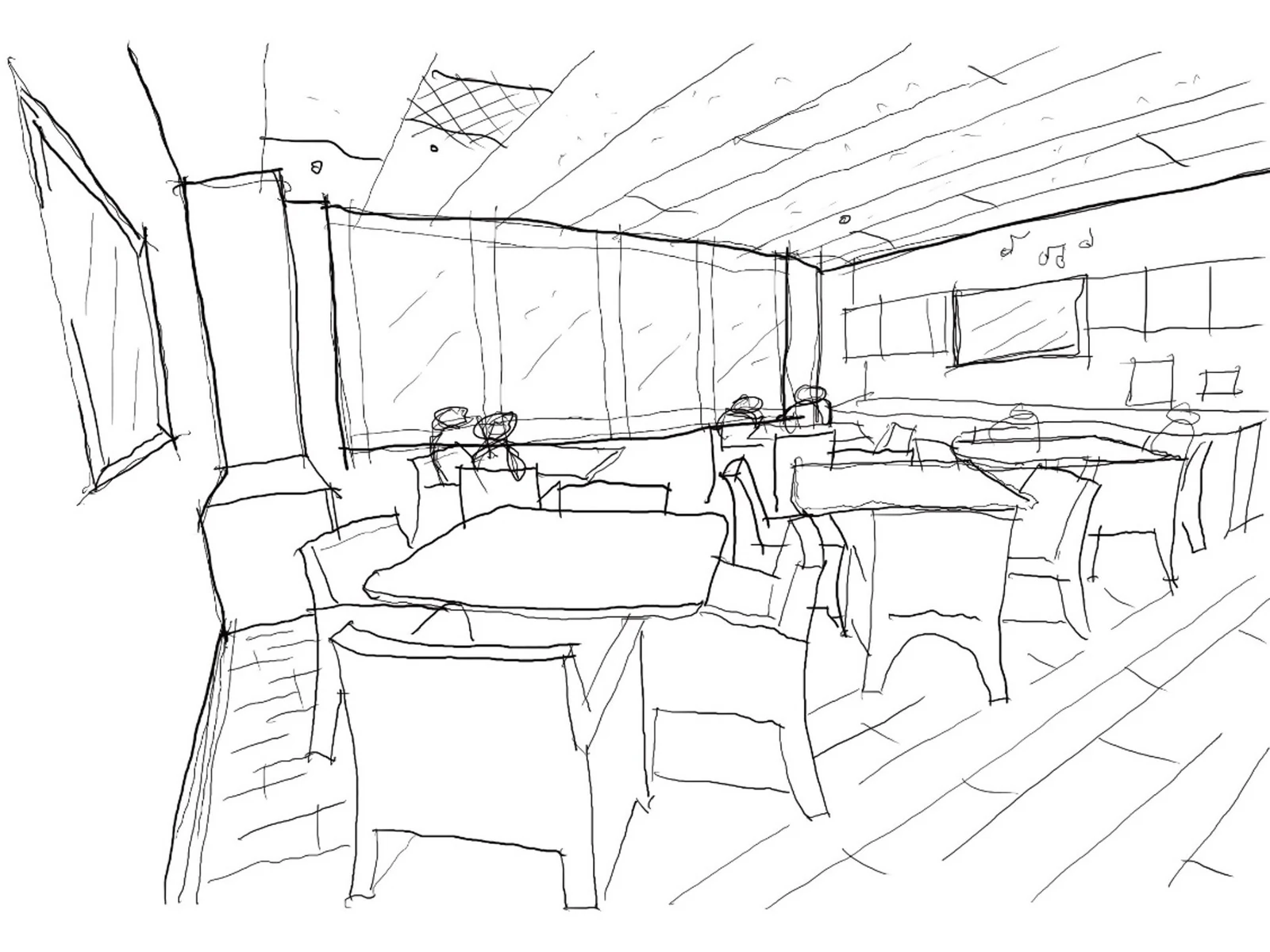Pen sketch of a combined dining, activity and visiting space with tables and chairs beneath a sloped ceiling.