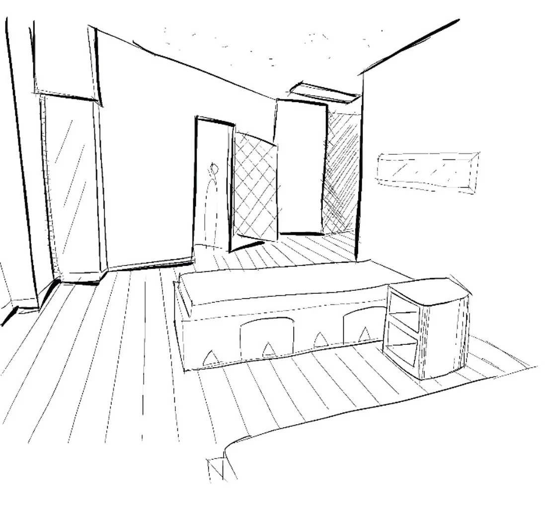 Pen sketch of a dual-occupancy patient bedroom with a locked stainless-steel headwall above the bed.